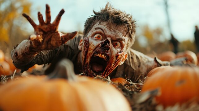 A chilling scene of a zombie crawling among pumpkins, creating an eerie Halloween atmosphere that contrasts themes of horror with the festive fall setting effectively.