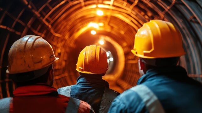 Three construction workers with hard hats are seen from behind as they look into a well-lit tunnel, symbolizing hard work, construction, and teamwork in an engineering project.