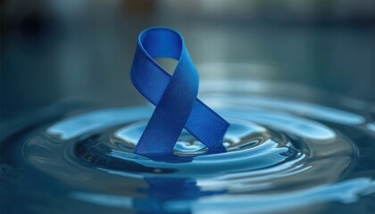 Blue ribbon floating in water with ripples. Prostate cancer awareness, men health, Movember in November, world diabetes day, colon cancer. Healthcare, medicine, medical, wellness, disease prevention.