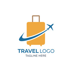 Travel agency vector logo with palm tree, aeroplane, global map, sun, and birds featuring logo for travel company 