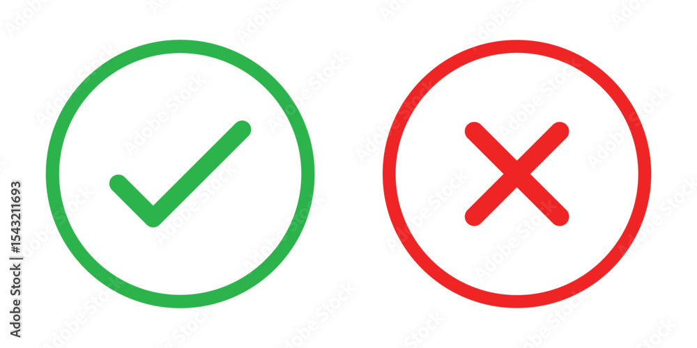Poster check mark icons. green check mark and red cross mark icon set. green tick and red x. symbols of app