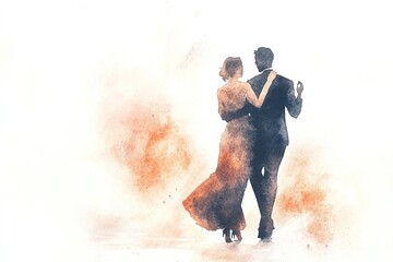 Dreamy watercolor illustration of a romantic couple dancing gracefully in the moonlight, soft warm tones and ethereal atmosphere, perfect for Valentine's Day, wedding invitations, warm celebrations