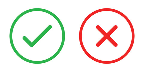 Check mark icons. green check mark and red cross mark icon set. green tick and red x. Symbols of approval and Decline, vector illustration