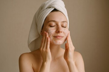 A woman with a white towel on her head will apply a cleansing foam on her face. Her closed eyes and smile demonstrate the pleasure of the skin care process against a light brown background.