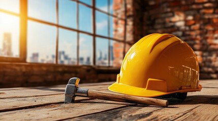 Construction Safety: Hard Hat and Hammer on Wooden Beams