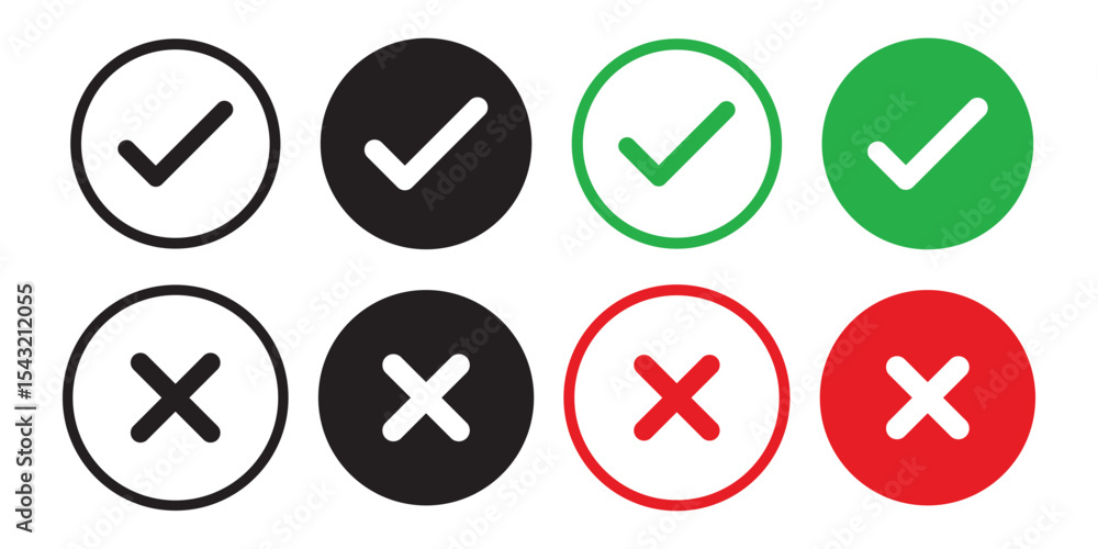 Aufkleber check mark icons. green check mark and red cross mark icon set. green tick and red x. symbols of app