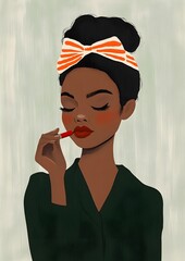 Minimalist flat art depicting a woman applying lipstick in her home during daylight