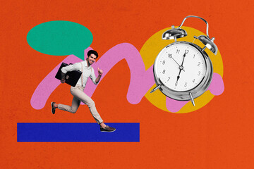 Poster trend sketch template photo collage of young man run hurry smile hand hold suitcase clock...