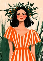 Young woman in a striped dress with floral headdress posing amid green foliage