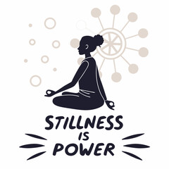 Woman meditating in stillness power yoga pose mindfulness peace serenity calm