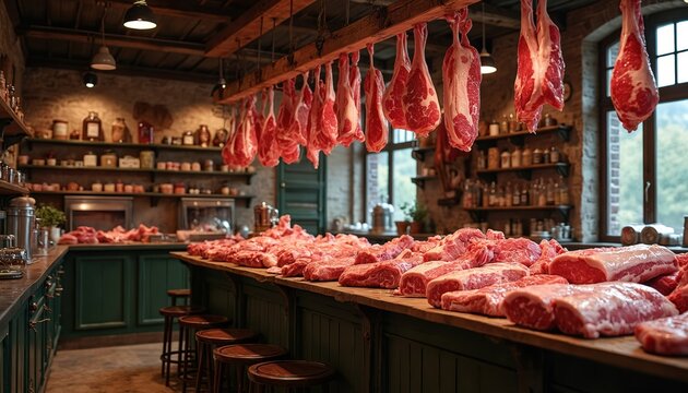 Rustic butcher shop interior with vintage charm. Fresh meat display on wooden counter. Hanging aged beef pork cuts. Shelves with spices, jars. Traditional butchery, gastronomy, local food, organic