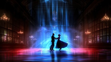 Silhouette Couple Ballroom Dance, Magical Light Show