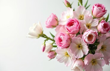 Naklejka premium Tender spring bouquet of pink and white flowers. Floral arrangement of blooming roses, decorative plants. Soft, delicate, fresh natural beauty for wedding design, greeting cards, gift, celebration.