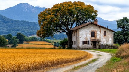 Serene Countryside Farmhouse Nestled Amongst Golden Fields and Majestic Mountains