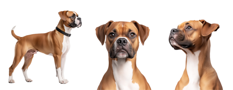 set of side, front portrait and whole view of a white and brown Boxer dog isolated on transparent background - Powered by Adobe