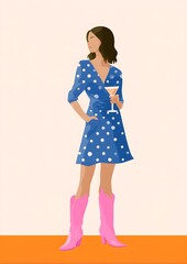 Stylish woman holds cocktail while wearing polka dot dress and pink boots at a minimalist lounge