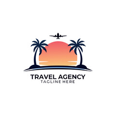 Travel agency vector logo with palm tree, aeroplane, global map, sun, and birds featuring logo for travel company 