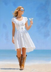 Elegant woman in white dress holding martini while walking along beach at sunny day