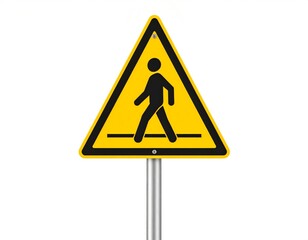 3D icon of a pedestrian crosswalk sign, bright yellow triangle with black figure, standing on a short pole, urban street detail, isolated