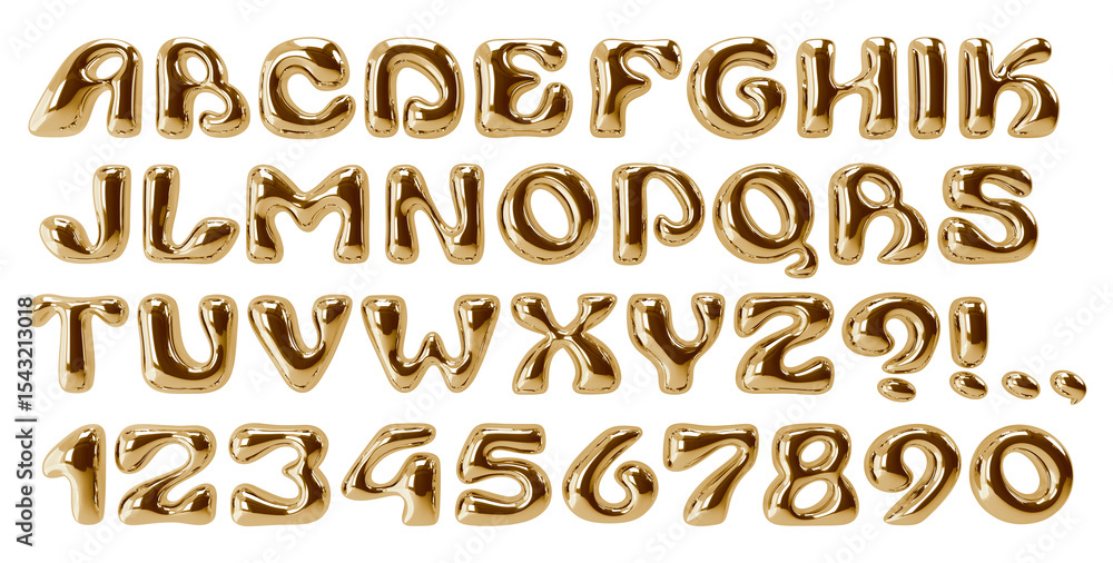 Fototapete gold display font. typeface with bubble balloon effect. y2k playful alphabet. golden wavy groovy let
