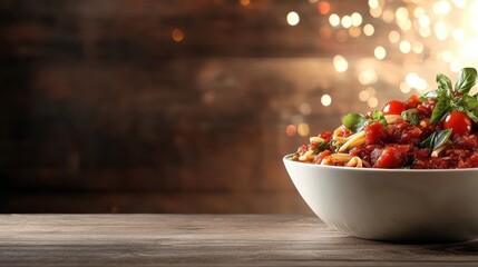 A vibrant bowl of spaghetti topped with fresh tomato sauce, garnished with herbs and cherry tomatoes, presenting a delightful and appetizing meal ideal for food enthusiasts.