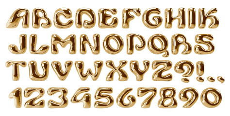 Gold display font. Typeface with bubble balloon effect. Y2K playful alphabet. Golden wavy groovy letters. Bold metal typescript. Rounded font with reflections