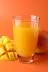 Tasty mango juice in glass and fresh fruits on orange background, closeup