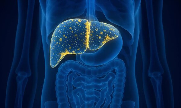 A detailed 3D anatomical illustration of a human liver showcasing fatty deposits, highlighted in bright yellow
