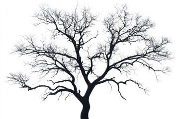 Silhouetted bare tree branches against stark white sky in winter nature art on White Background. Generative Ai