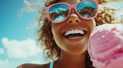 A cheerful young girl with curly hair is smiling widely while enjoying a delicious pink ice cream against a vibrant blue sky filled with fluffy clouds during a sunny day.