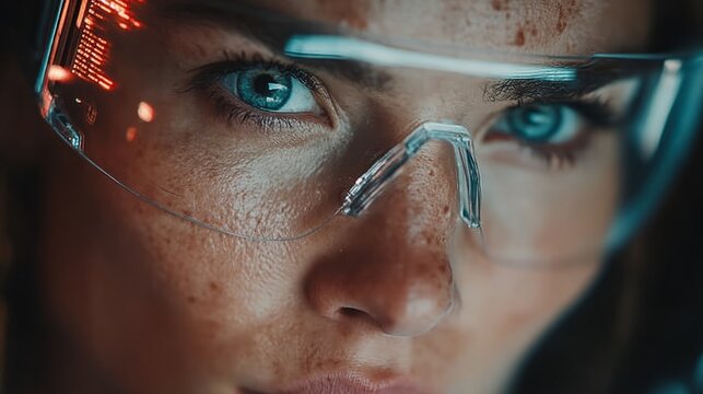 Woman with Futuristic AR Glasses Reflecting Data - AI, Cybersecurity, and Tech Innovation