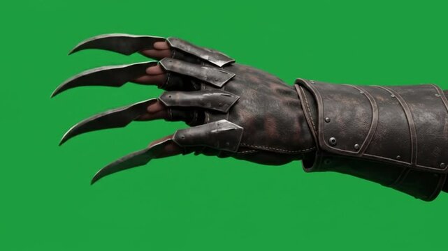 Medieval style glove with metal claws on green screen