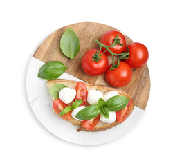 Tasty sandwich with mozzarella cheese, tomatoes and basil isolated on white, top view