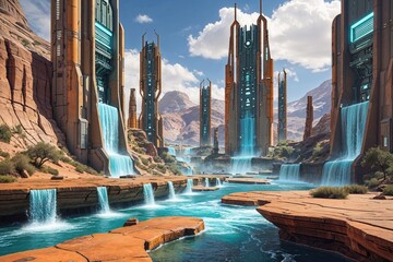 Fototapeta premium Enchanting Futuristic Plateau with Advanced Towers and Cascading Waterfalls