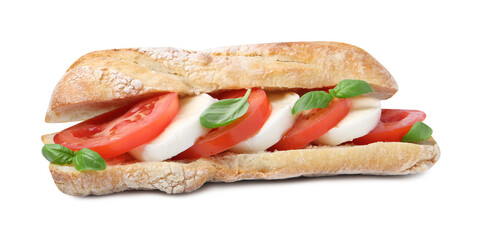 Tasty sandwich with mozzarella cheese, tomatoes and basil isolated on white