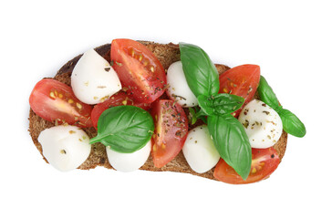 Tasty sandwich with mozzarella cheese, tomatoes, basil and spices isolated on white, top view