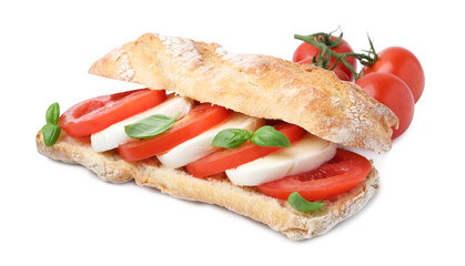 Tasty sandwich with mozzarella cheese, tomatoes and basil isolated on white