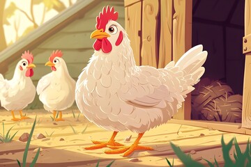 Close-up of a white chicken in a cozy chicken coop during a sunny day in early spring