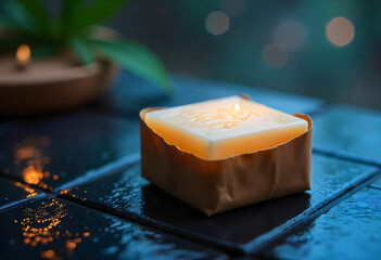 Glowing Candle on Wet Dark Tiles at Dusk