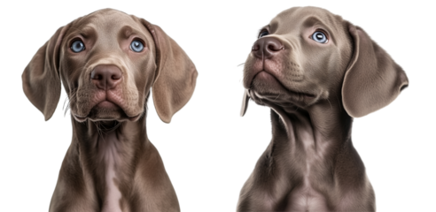 set. of  side view portrait of a puppy Weimaraner dog looking up isolated on transparent background	