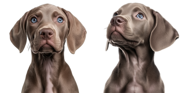 set. of  side view portrait of a puppy Weimaraner dog looking up isolated on transparent background	