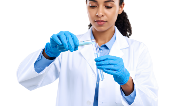Young Female Scientist Mixing Chemical Samples on Transparent Background PNG