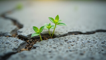 Green Plant Sprouting Through Cracked Concrete at Sunrise.
