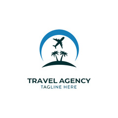 Travel agency vector logo with palm tree, aeroplane, global map, sun, and birds featuring logo for travel company 