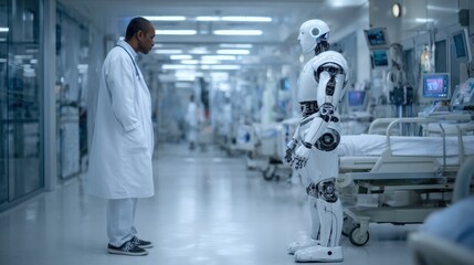 A doctor interacts with a humanoid robot in a futuristic hospital setting, showcasing advanced medical technology.