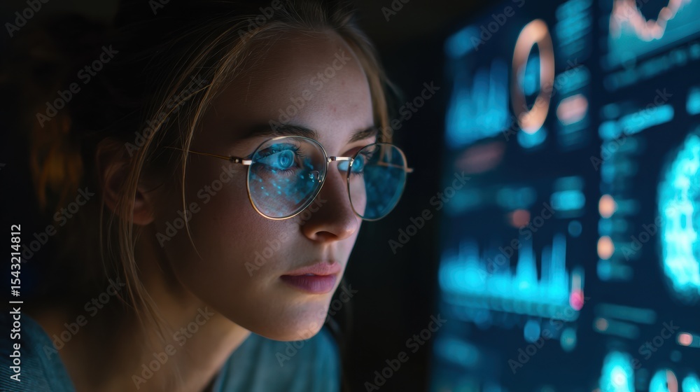 Poster a focused individual analyzing data on a futuristic screen in a dimly lit environment.