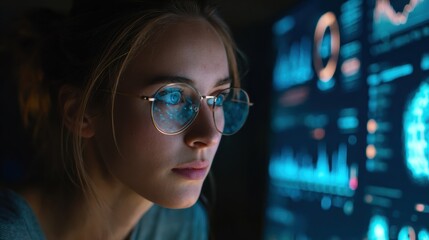 A focused individual analyzing data on a futuristic screen in a dimly lit environment.