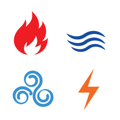 Four Classic Elemental Symbols Red Fire Blue Water Spiral Air Orange Lightning Bolt Icons White Background