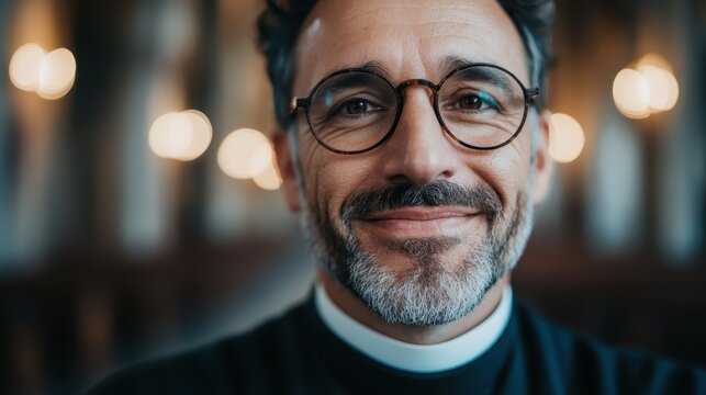 A joyful man with glasses poses in a church, exuding warmth and friendliness, embodying a sense of community and spirituality in his inviting smile.