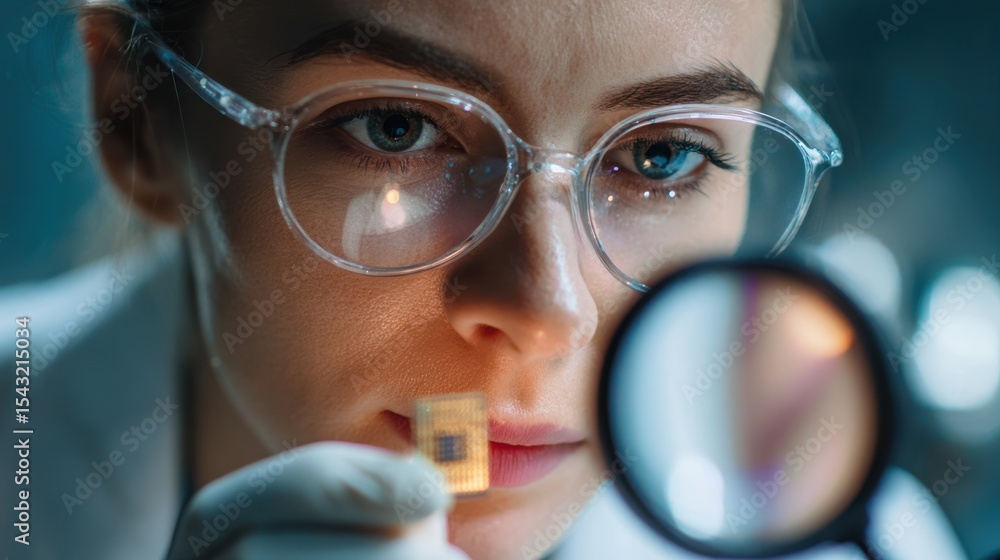Poster a focused scientist examines a microchip under a magnifying glass in a high-tech laboratory setting.